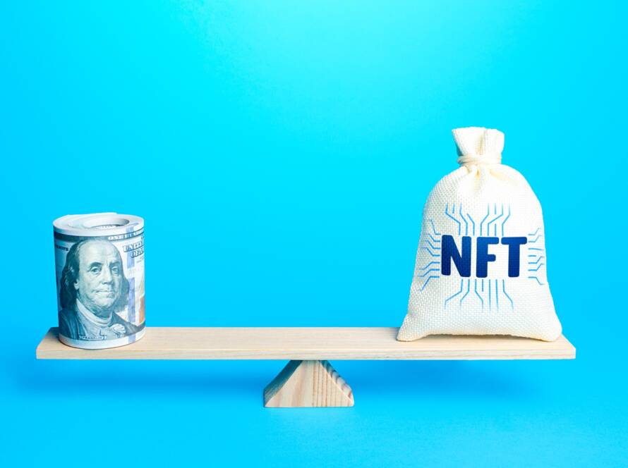 Bag with NFT non-fungible token and a bundle of dollars on scales.